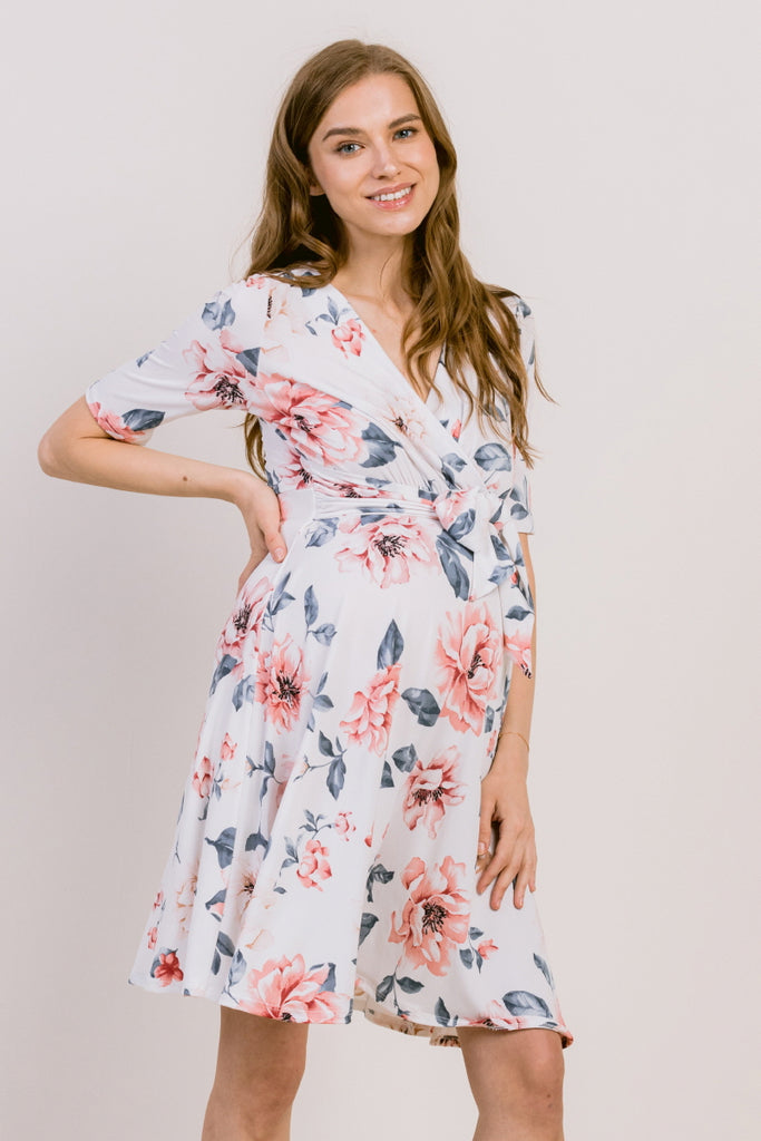 Off White Floral Print Tie Waist  Wrap Maternity Dress