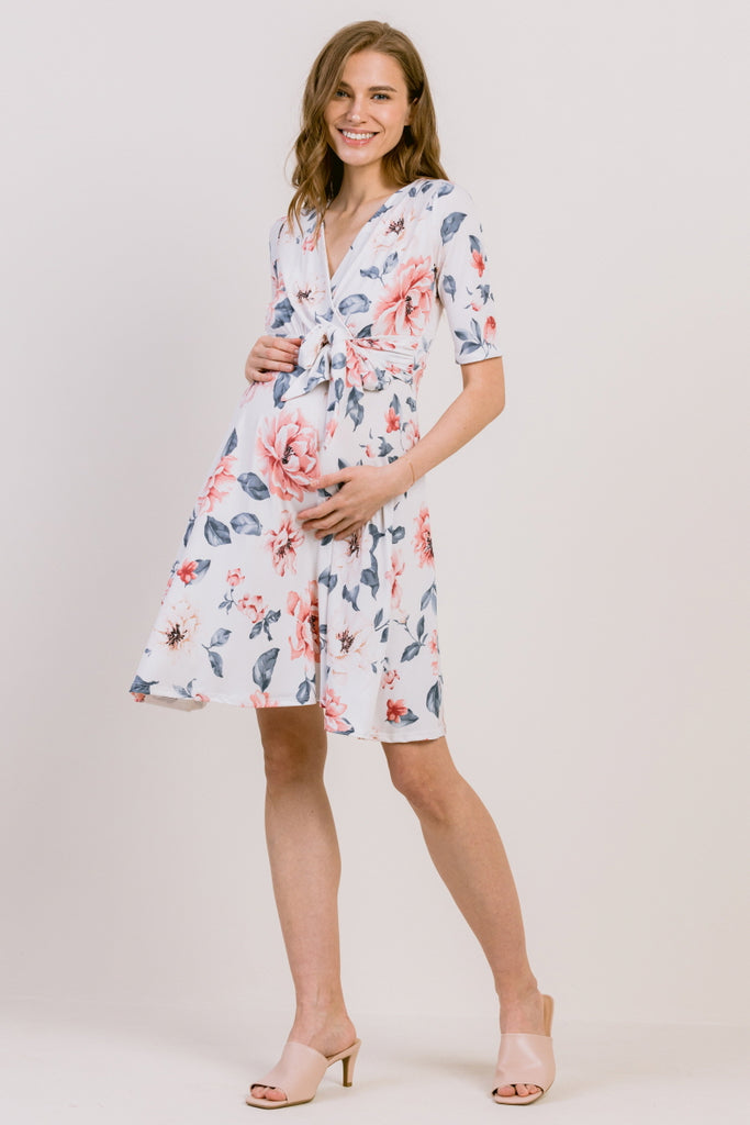 Off White Floral Print Tie Waist  Wrap Maternity Dress