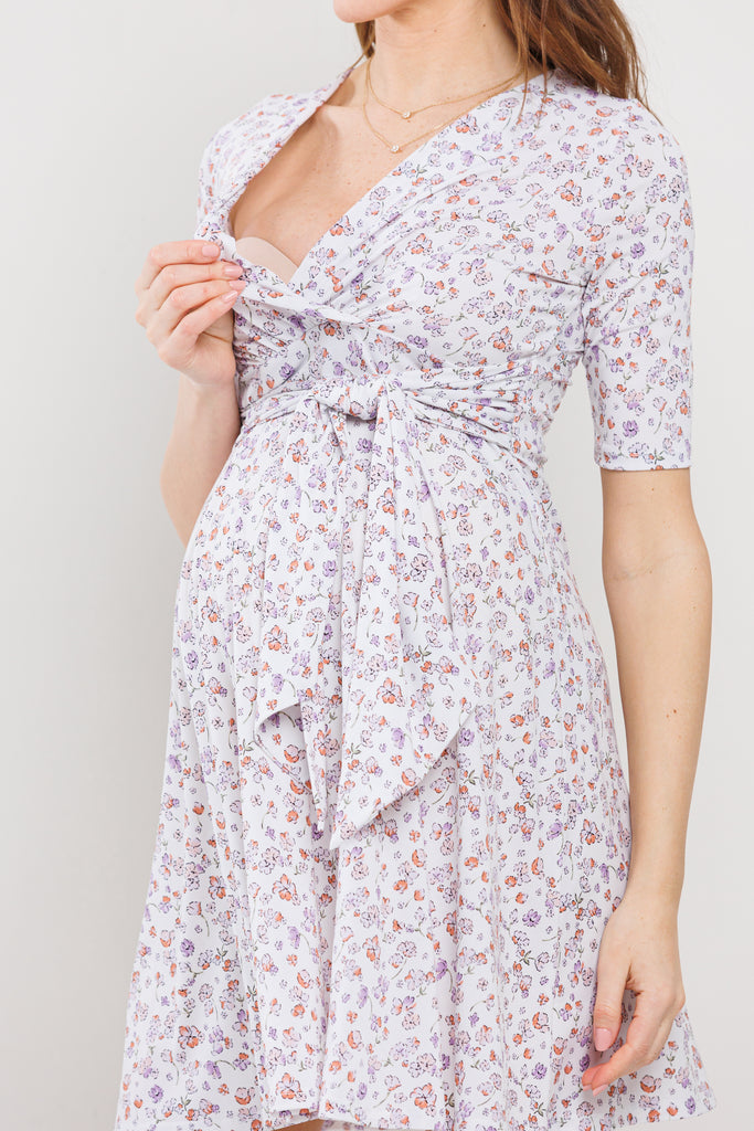 Ivory Floral V-Neck Maternity Nursing Dress