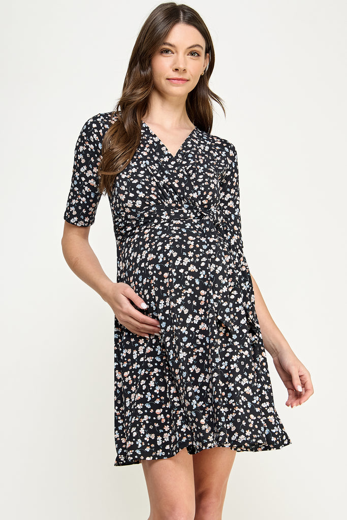 Black Floral V-Neck Maternity Nursing Dress