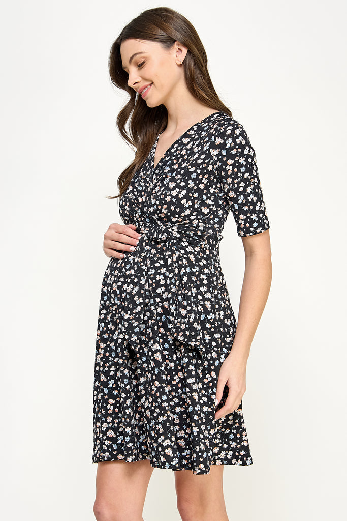 Black Floral V-Neck Maternity Nursing Dress