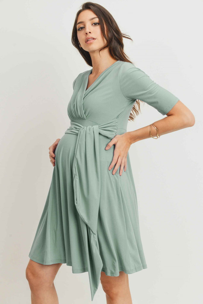 Sage Solid Side Tie V-Neck Maternity Dress