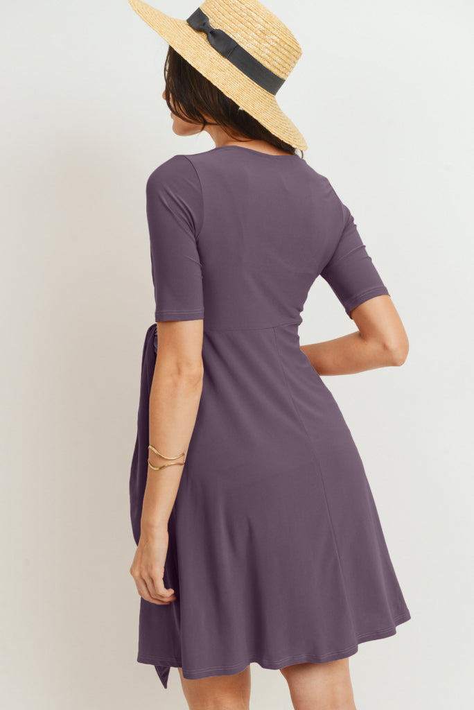 Berry Solid Side Tie V-Neck Maternity Dress