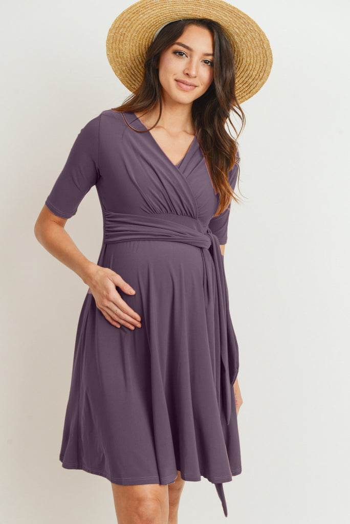 Berry Solid Side Tie V-Neck Maternity Dress