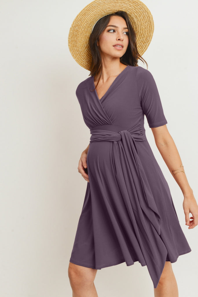 Berry Solid Side Tie V-Neck Maternity Dress