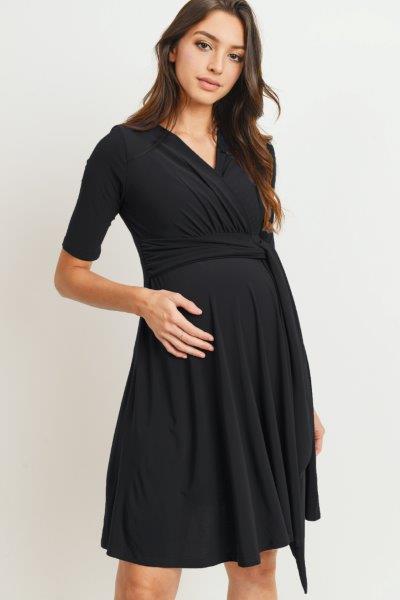 Black Solid Side Tie V-Neck Maternity Dress