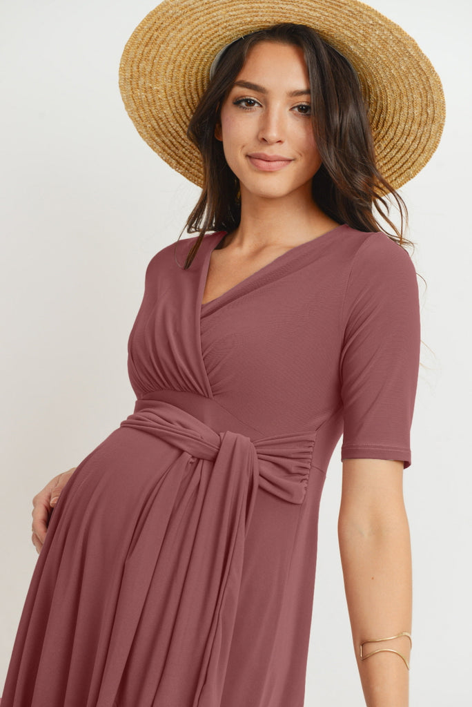 Grape Solid Side Tie V-Neck Maternity Dress