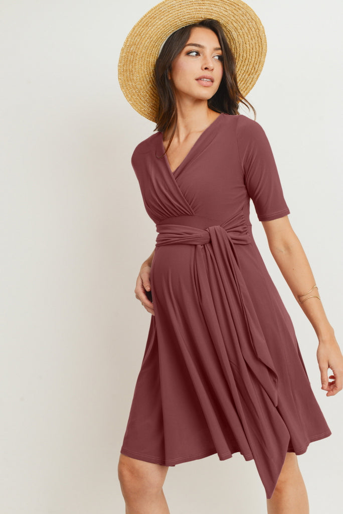 Grape Solid Side Tie V-Neck Maternity Dress