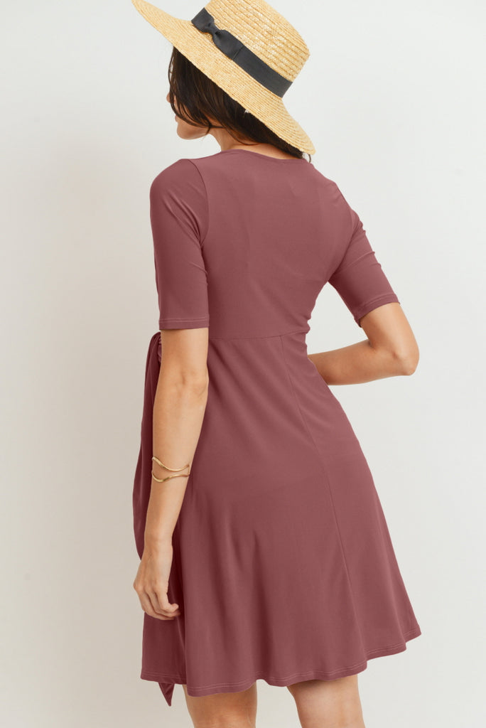 Grape Solid Side Tie V-Neck Maternity Dress