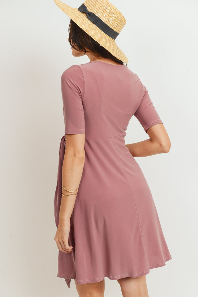 Mauve Solid Side Tie V-Neck Maternity Dress