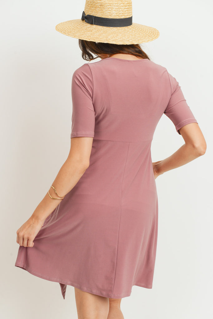 Mauve Solid Side Tie V-Neck Maternity Dress