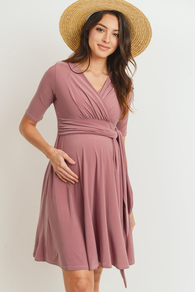 Mauve Solid Side Tie V-Neck Maternity Dress