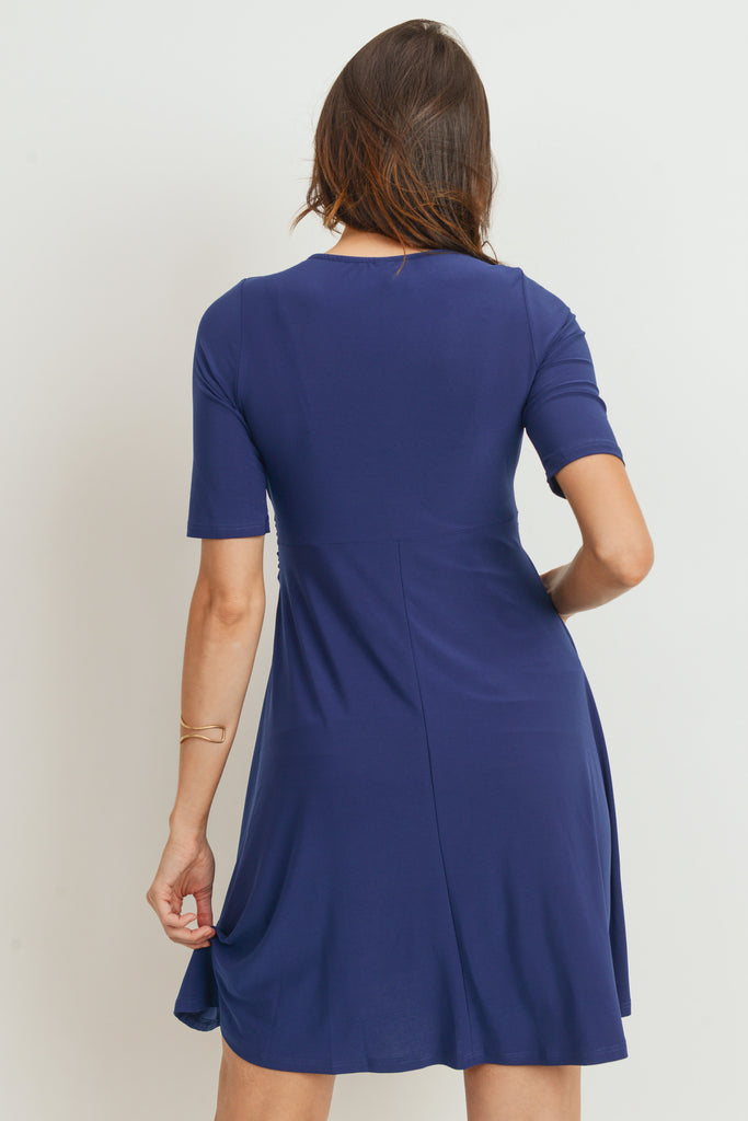 Navy Solid Side Tie V-Neck Maternity Dress