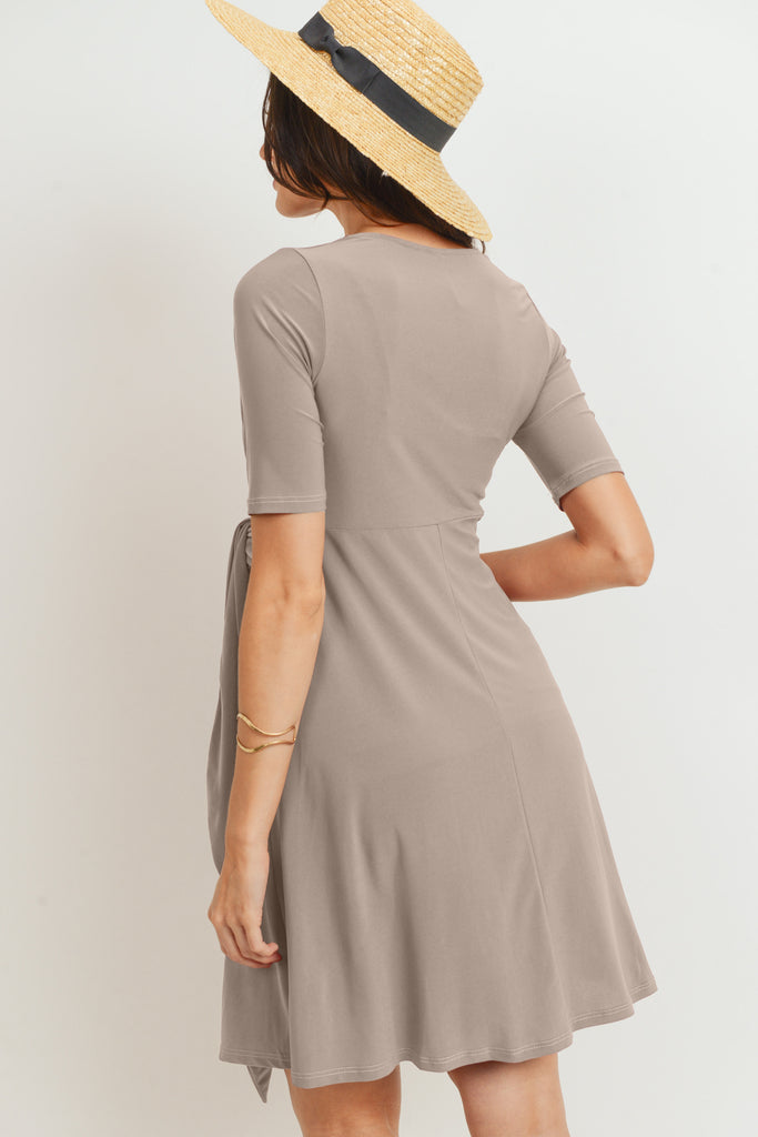 Taupe Solid Side Tie V-Neck Maternity Dress
