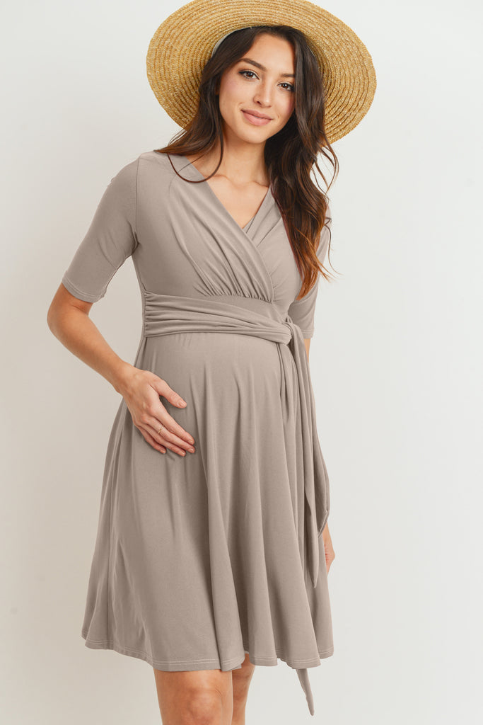 Taupe Solid Side Tie V-Neck Maternity Dress