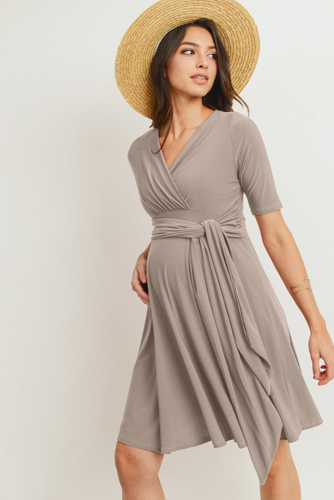 Taupe Solid Side Tie V-Neck Maternity Dress