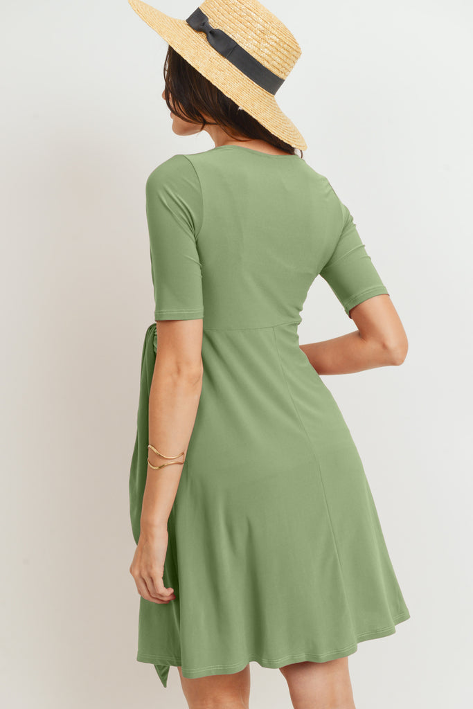 Green Solid Side Tie V-Neck Maternity Dress