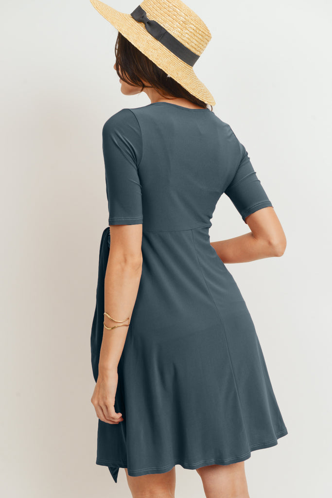 Denim Blue Solid Side Tie V-Neck Maternity Dress