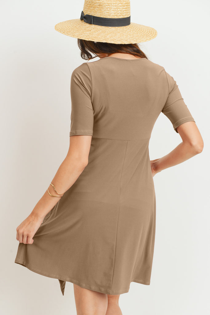 Mocha Solid Side Tie V-Neck Maternity Dress