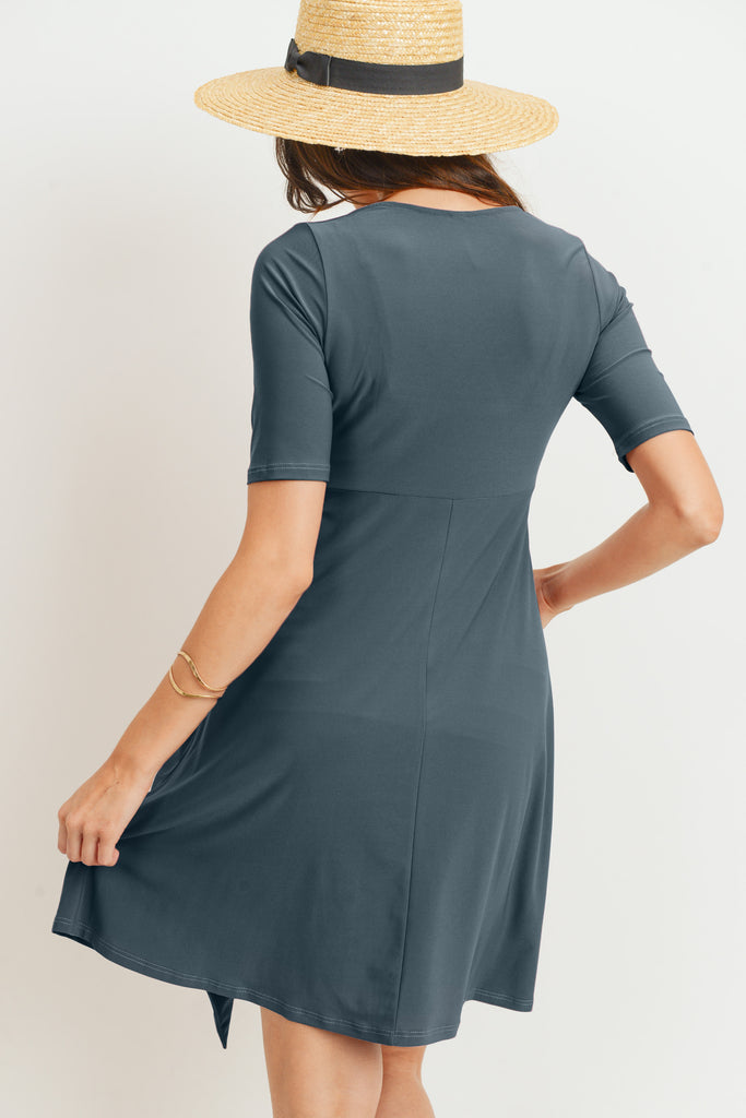 Denim Blue Solid Side Tie V-Neck Maternity Dress