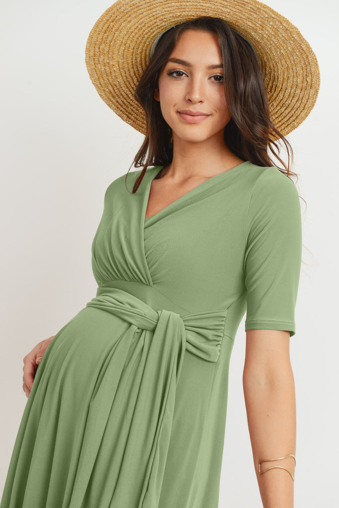 Solid Side Tie V-Neck Maternity Dress in Green