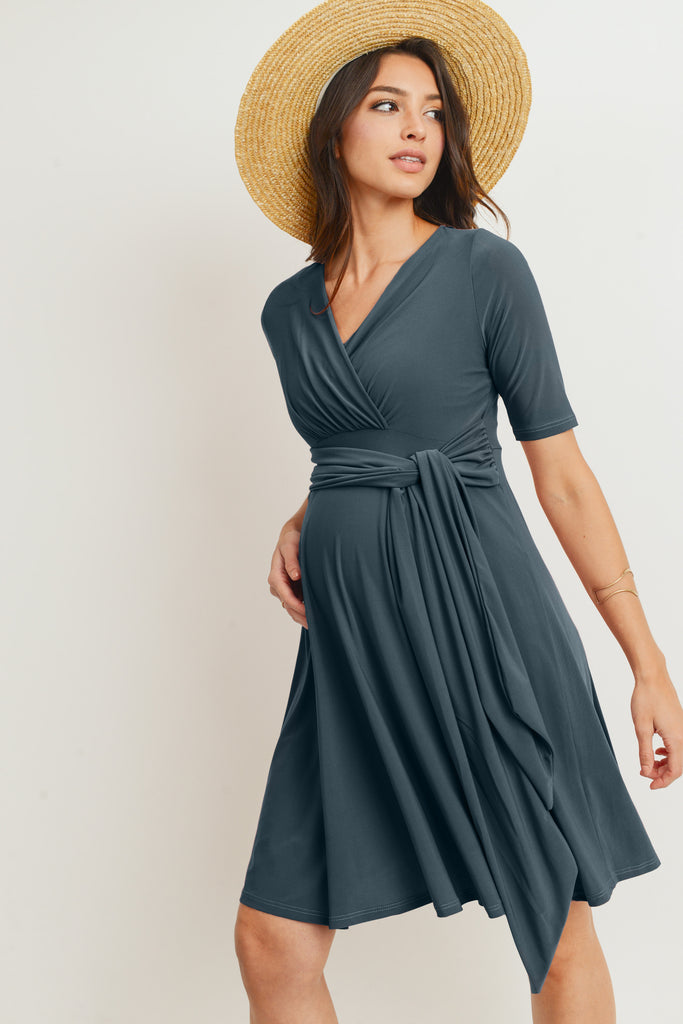 Denim Blue Solid Side Tie V-Neck Maternity Dress