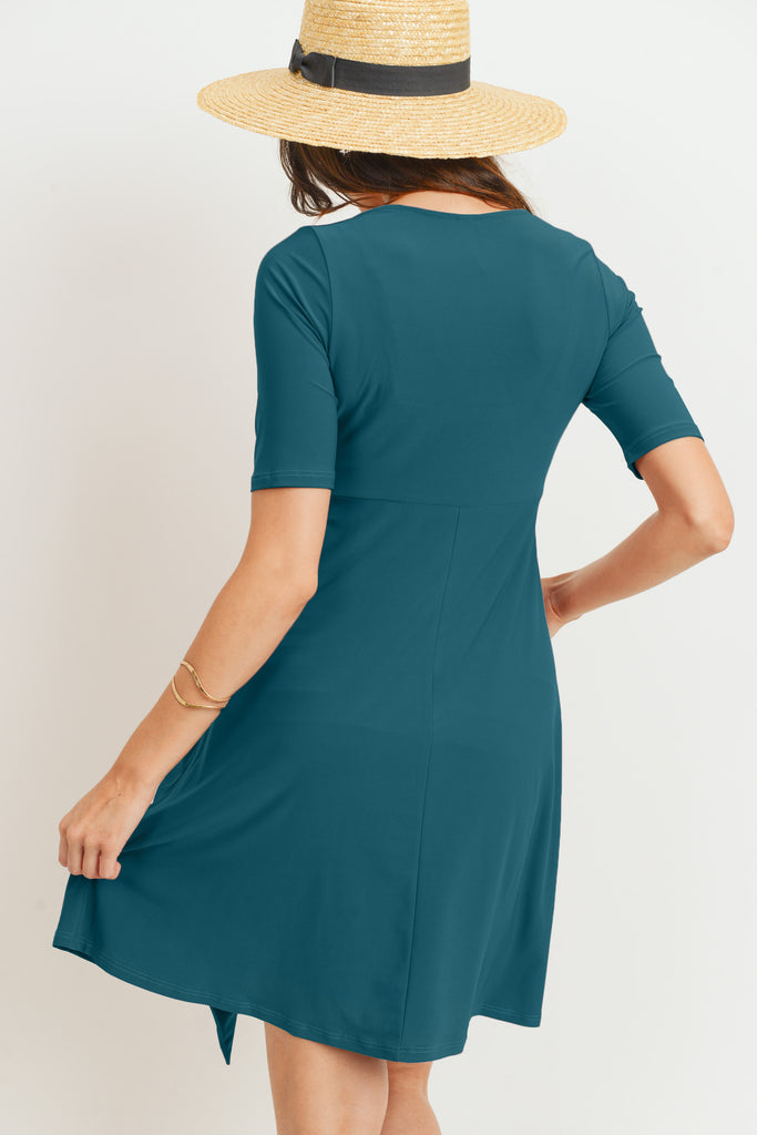 Teal Solid Side Tie V-Neck Maternity Dress