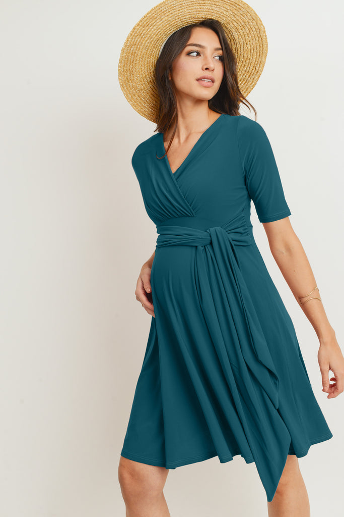 Teal Solid Side Tie V-Neck Maternity Dress