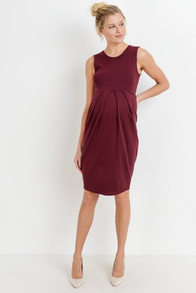 Burgundy Front Pleated Maternity Sleeveless Dress