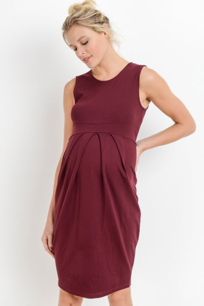 Burgundy Front Pleated Maternity Sleeveless Dress