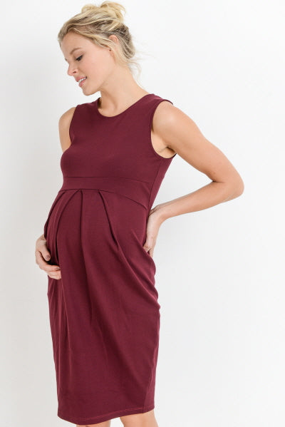 Burgundy Front Pleated Maternity Sleeveless Dress