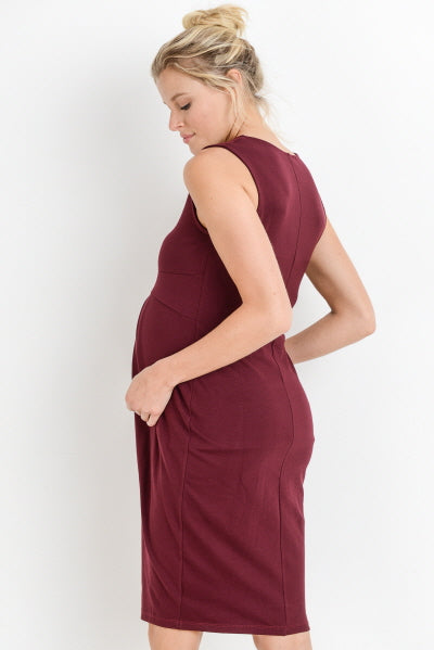 Burgundy Front Pleated Maternity Sleeveless Dress