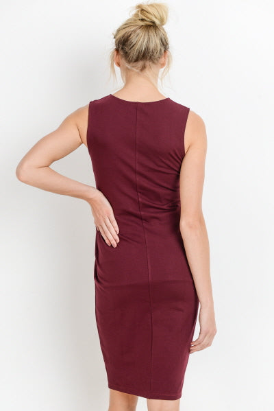 Burgundy Front Pleated Maternity Sleeveless Dress