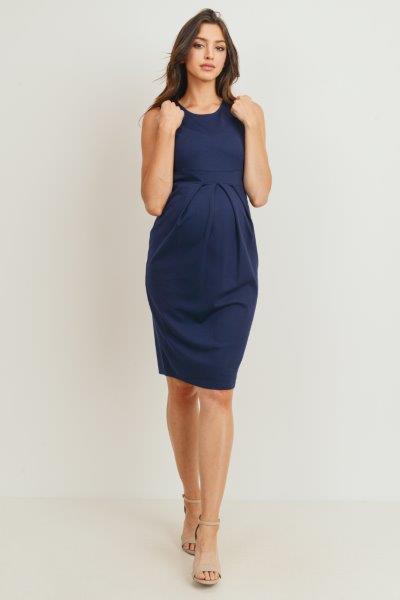 Navy Front Pleated Maternity Sleeveless Dress