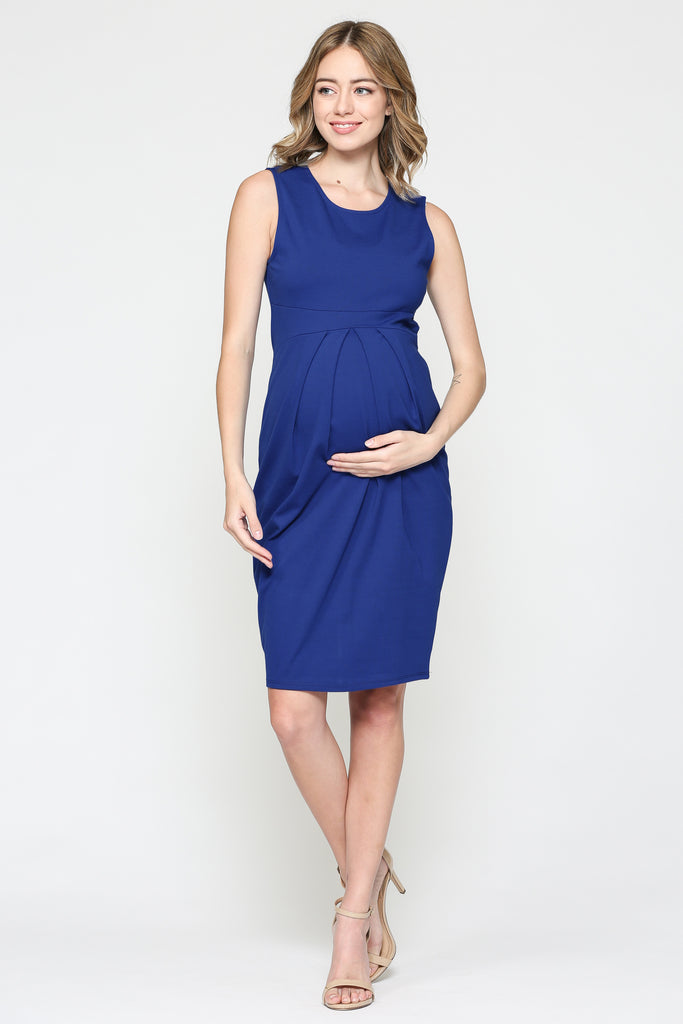 Royal Blue Front Pleated Maternity Sleeveless Dress