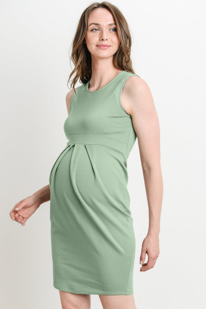 Sage Front Pleated Maternity Sleeveless Dress