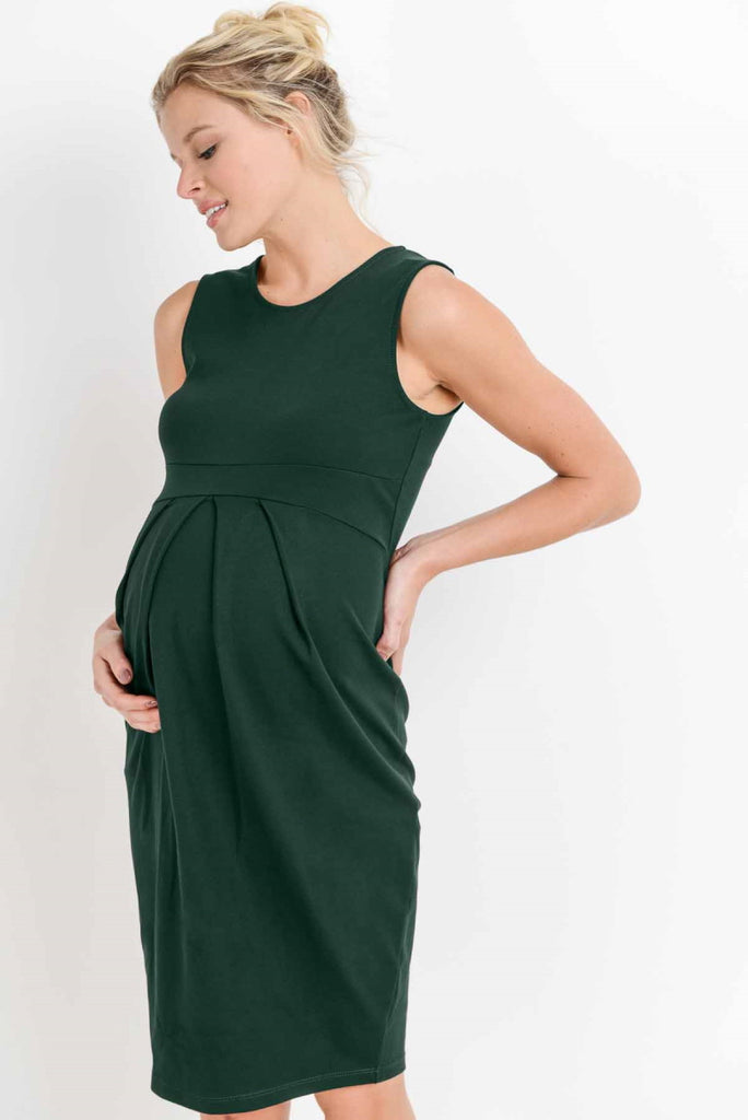 Green Front Pleated Maternity Sleeveless Dress