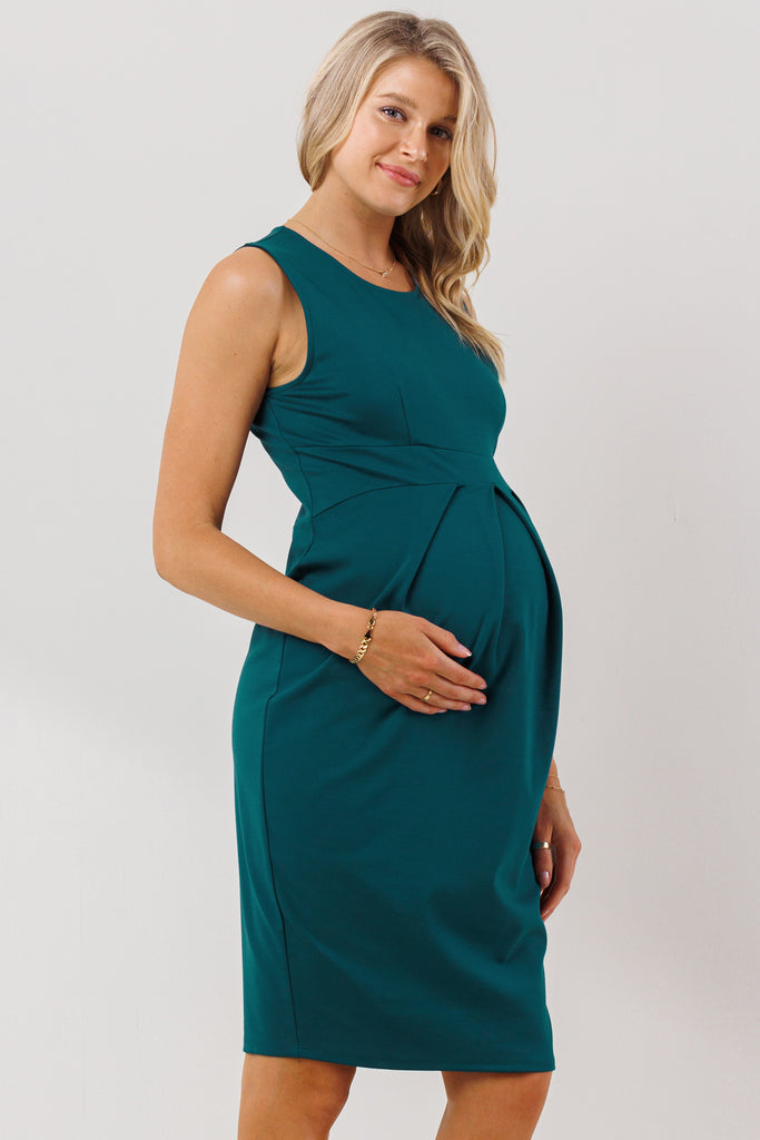 Teal Front Pleated Maternity Sleeveless Dress