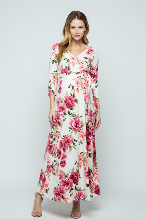 Cream/Pink Floral 3/4 Sleeve Maternity/Nursing maxi Dress CREAM / LARGE Cream/Pink Floral 3/4 Sleeve Maternity/Nursing maxi Dress CREAM / LARGE