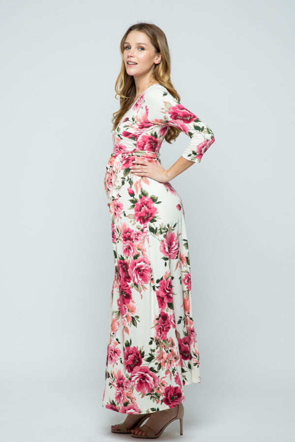 Cream/Pink Floral 3/4 Sleeve Maternity/Nursing maxi Dress