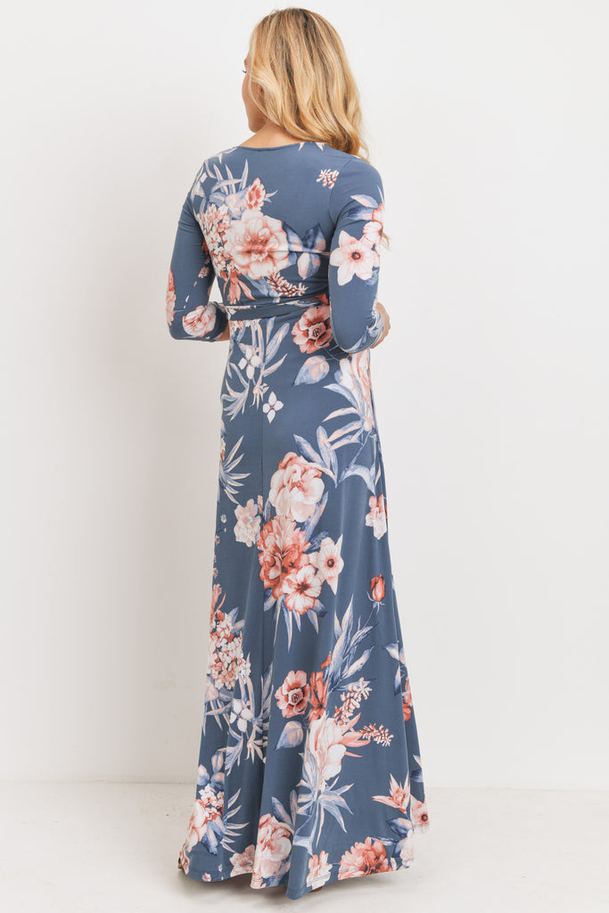 Denim Floral 3/4 Sleeve Maternity Maxi Dress