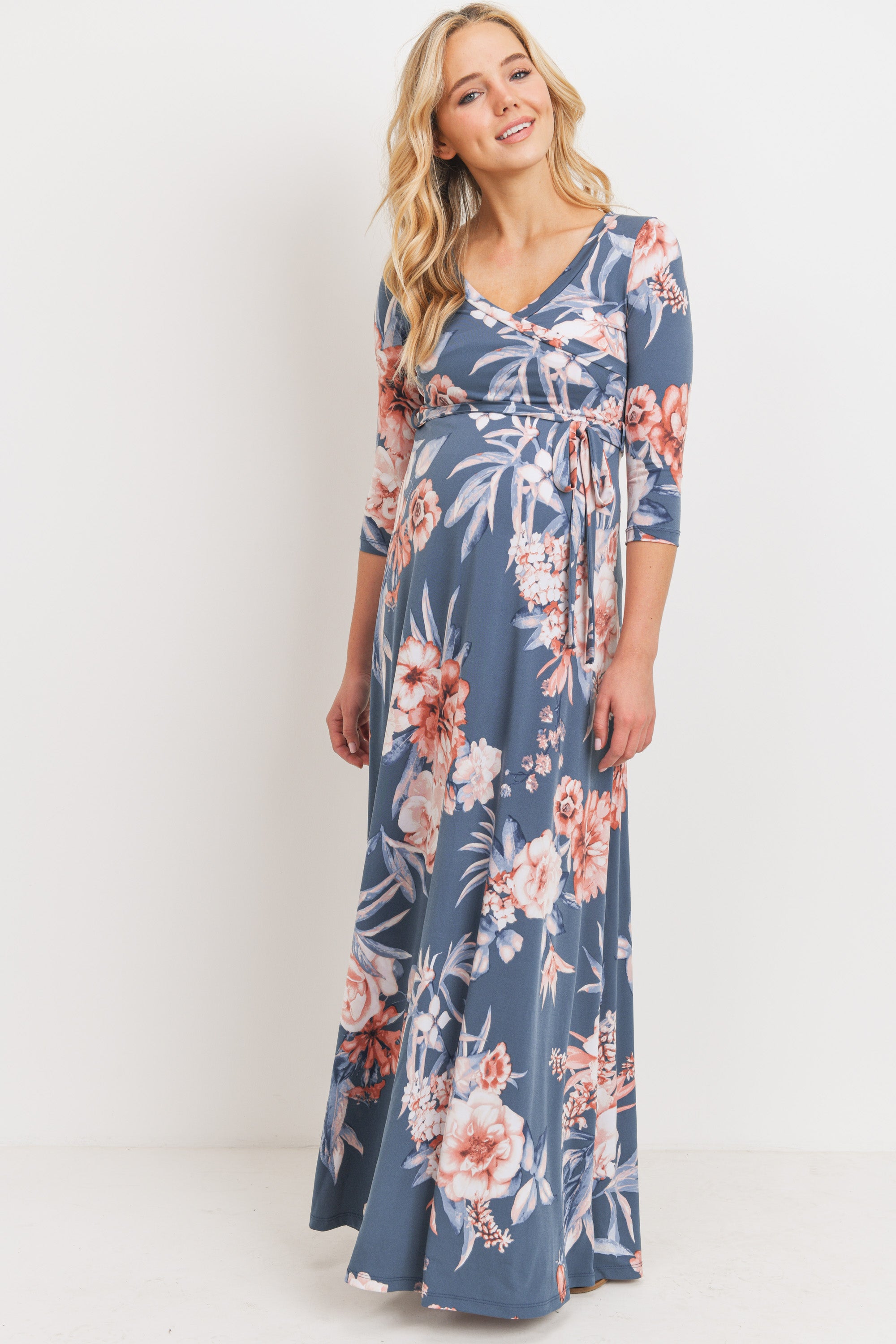 Denim Floral 3/4 Sleeve Maternity Maxi Dress Denim BLUE / SMALL Denim Floral 3/4 Sleeve Maternity Maxi Dress Denim BLUE / SMALL