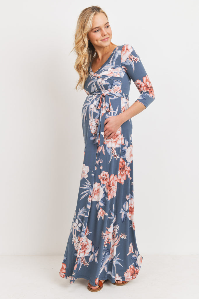 Denim Floral 3/4 Sleeve Maternity Maxi Dress