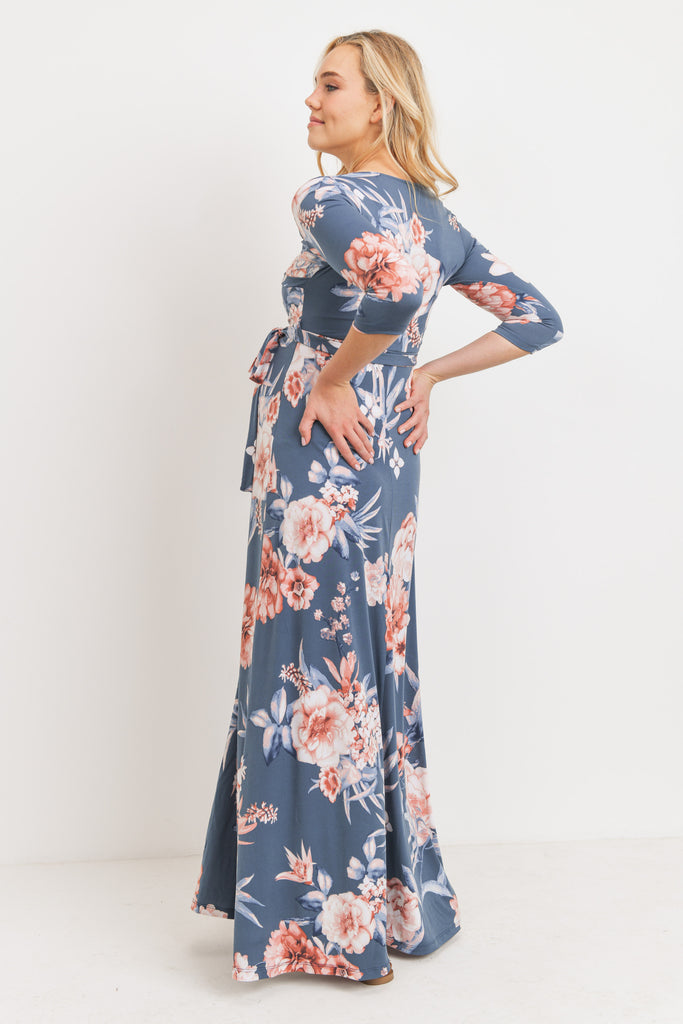 Denim Floral 3/4 Sleeve Maternity Maxi Dress