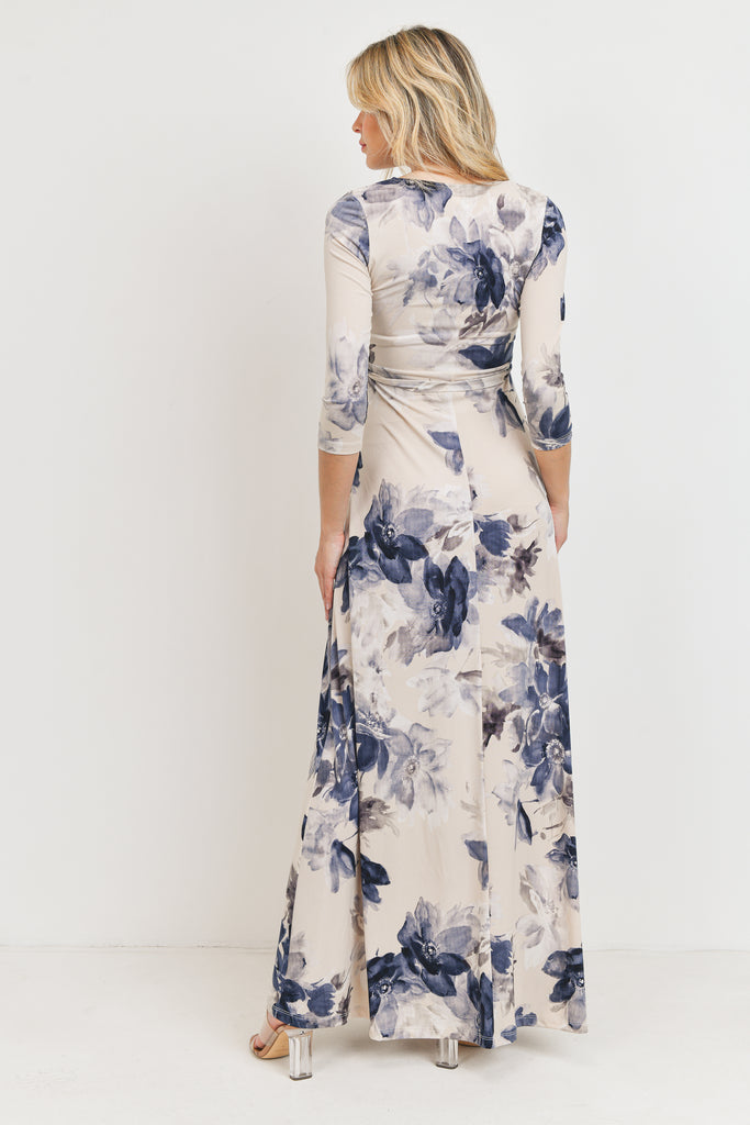 Taupe/Navy Floral 3/4 Sleeve Maternity/Nursing Maxi Dress