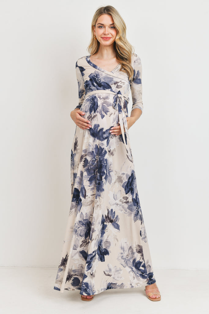 Taupe/Navy Floral 3/4 Sleeve Maternity/Nursing Maxi Dress