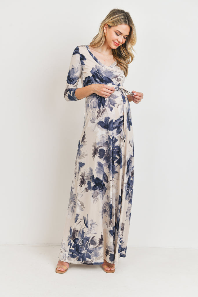 Taupe/Navy Floral 3/4 Sleeve Maternity/Nursing Maxi Dress