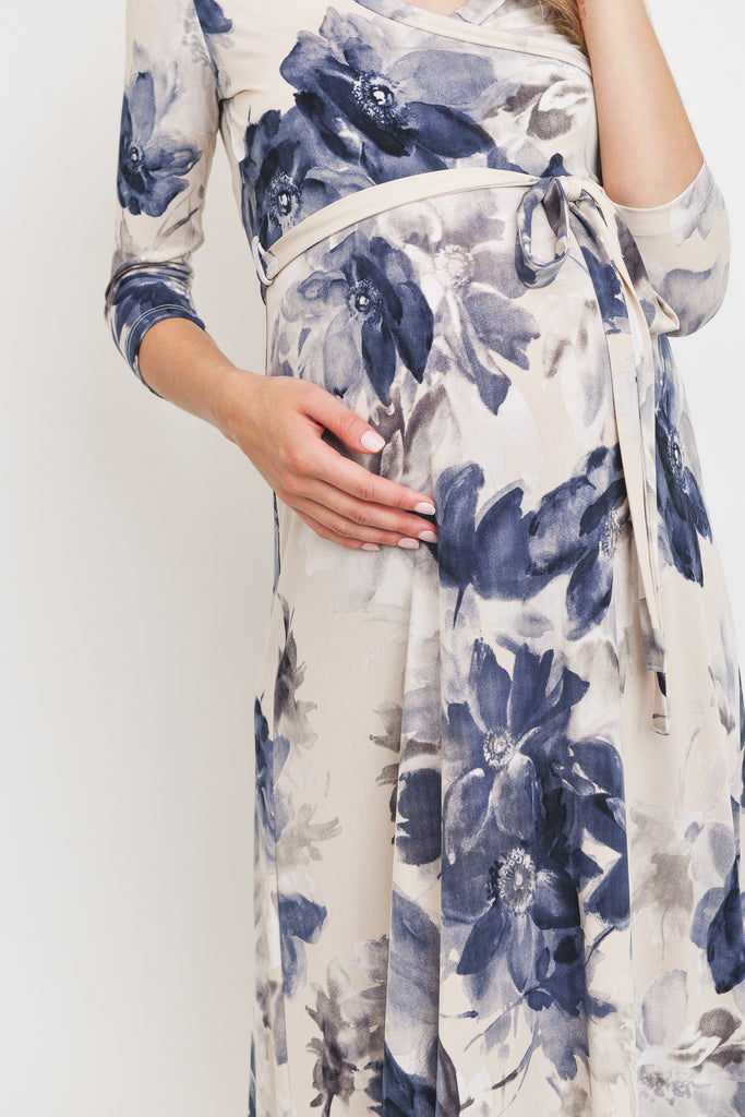 Taupe/Navy Floral 3/4 Sleeve Maternity/Nursing Maxi Dress