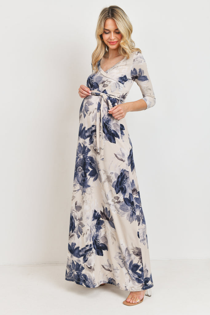 Taupe/Navy Floral 3/4 Sleeve Maternity/Nursing Maxi Dress