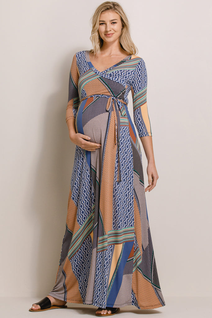 Multi Geo Print Maternity/Nurisng Wrap Maxi Dress